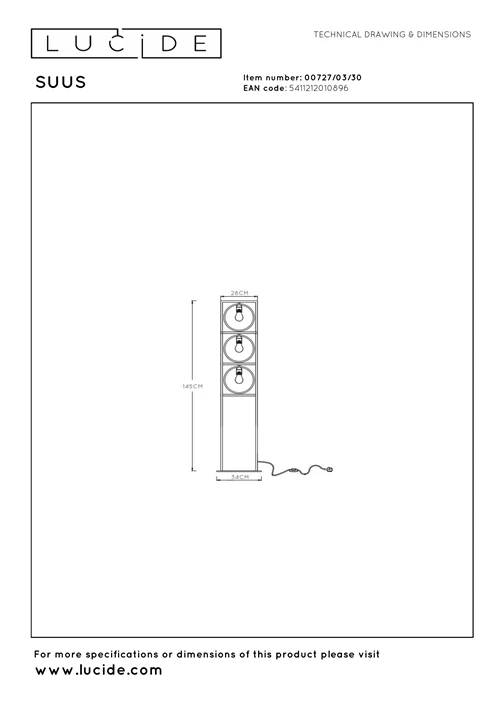 Lucide SUUS - Vloerlamp - 3xE27 - Zwart - technisch